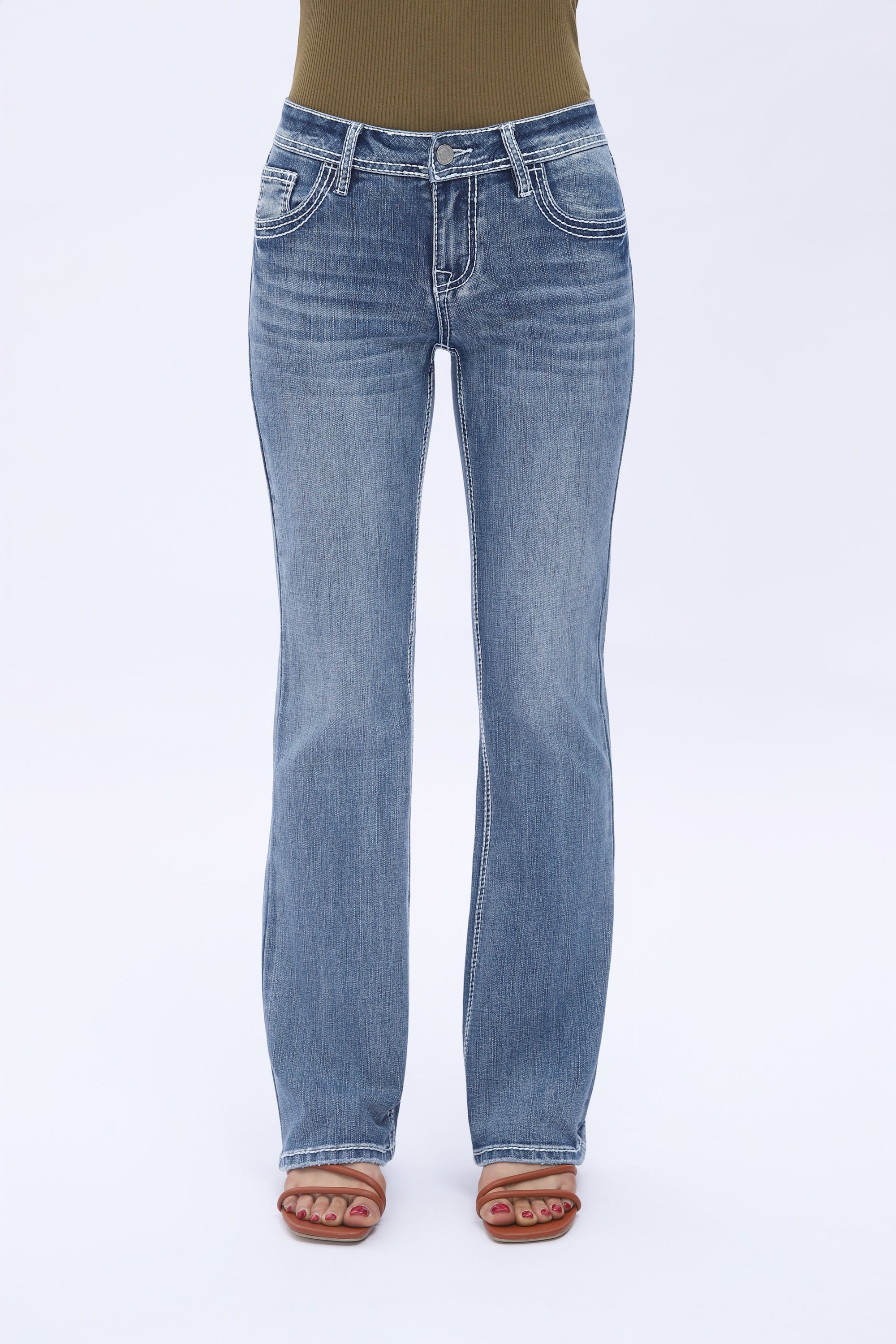 ONESO Women's Jeans Mid Rise Bootcut Mid Stretch Boot Cut Denim Pants Trendy Welt Straight Leg Denim Pants