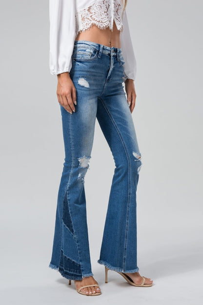 Destroyed Flare Jeans for Women Mid Rise Ripped Raw Hem Bell Bottom Denim Pants