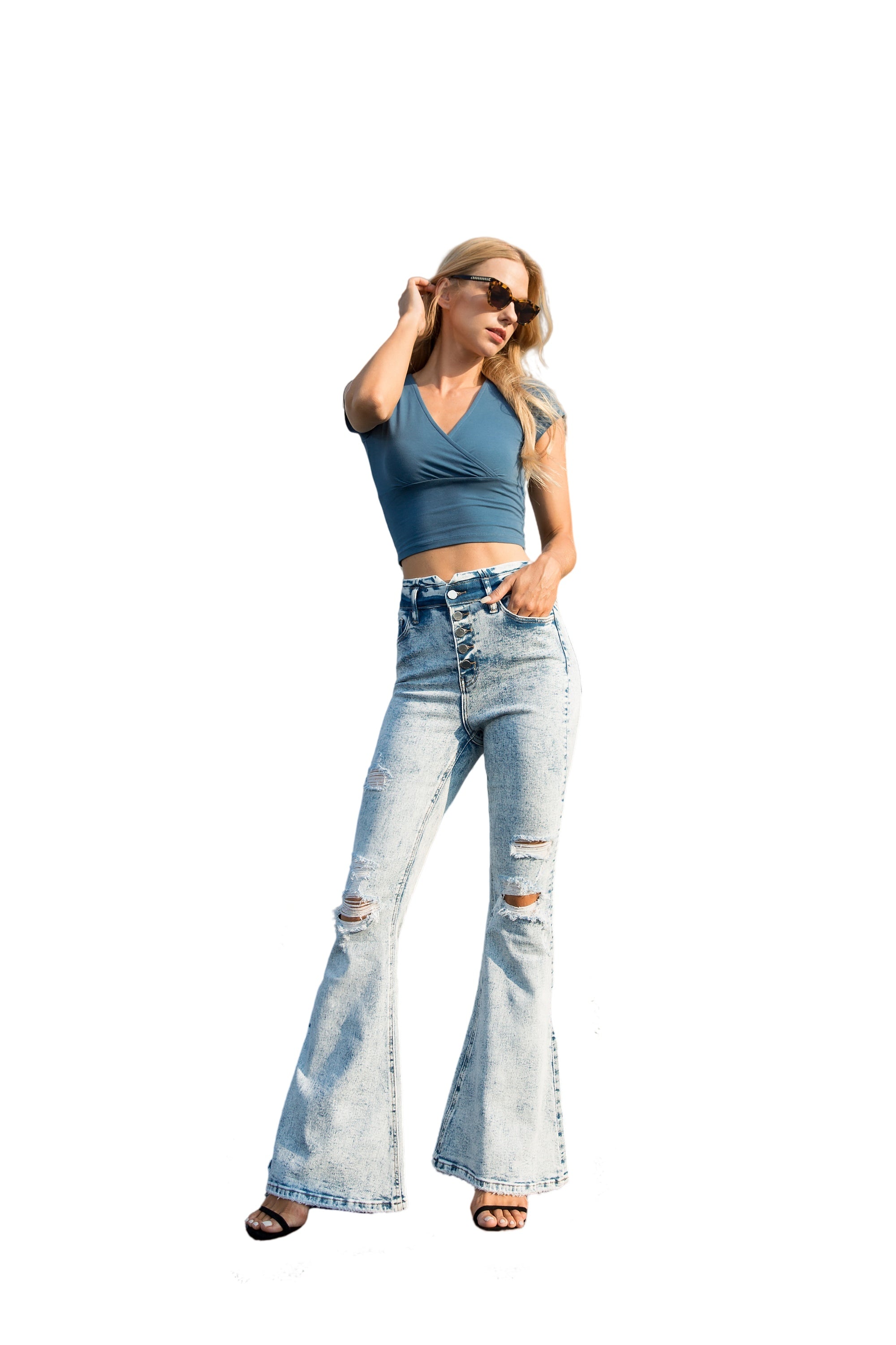 ONESO High Waisted Ripped Flare Jeans for Women Button Fly Distressed Bell Bottom Jeans Wide Leg Pants