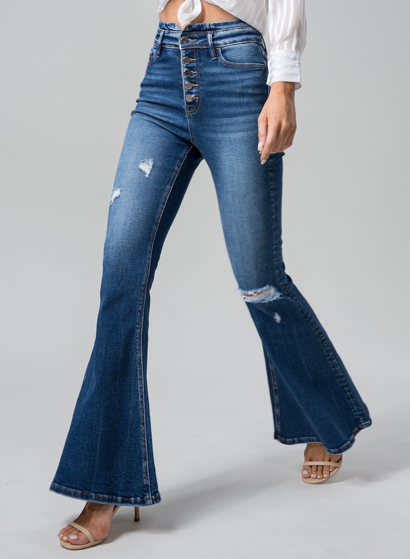 ONESO Ultra High Waisted Distressed Flare Jeans