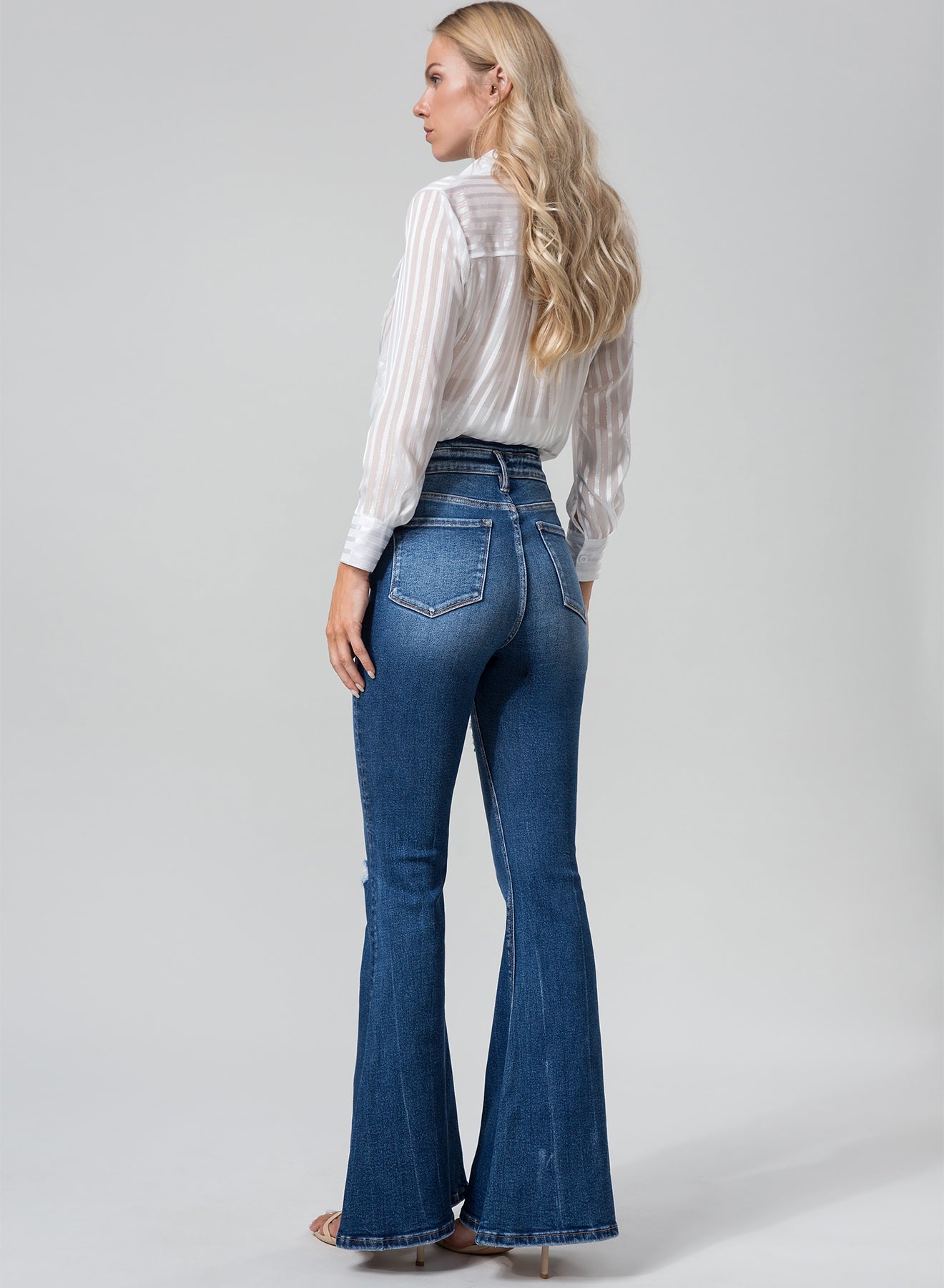 ONESO Ultra High Waisted Distressed Flare Jeans