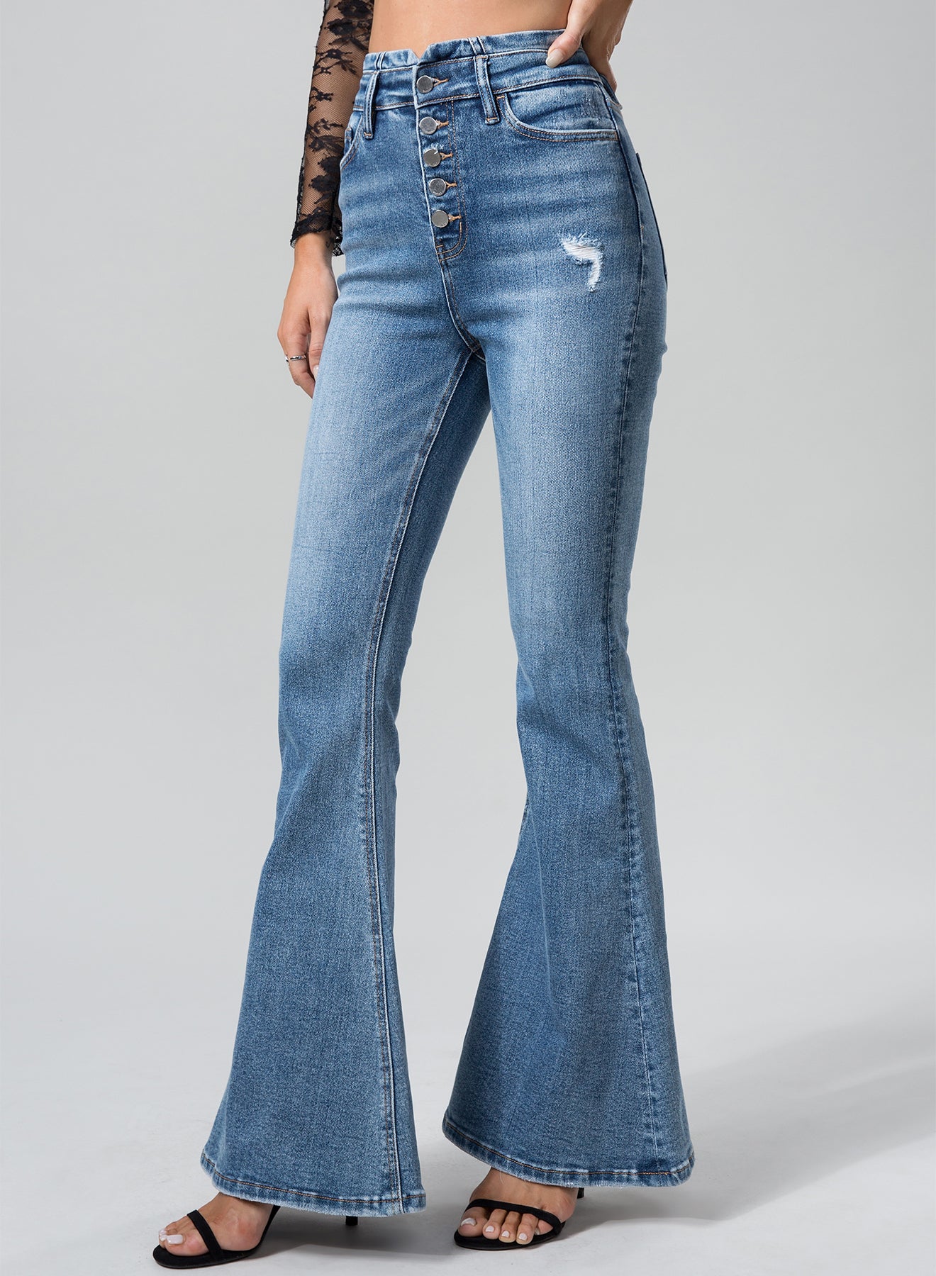 ONESO High Waist Flared Medium Blue Jeans Casual Comfort Pants Womens wear Sexy Bottom