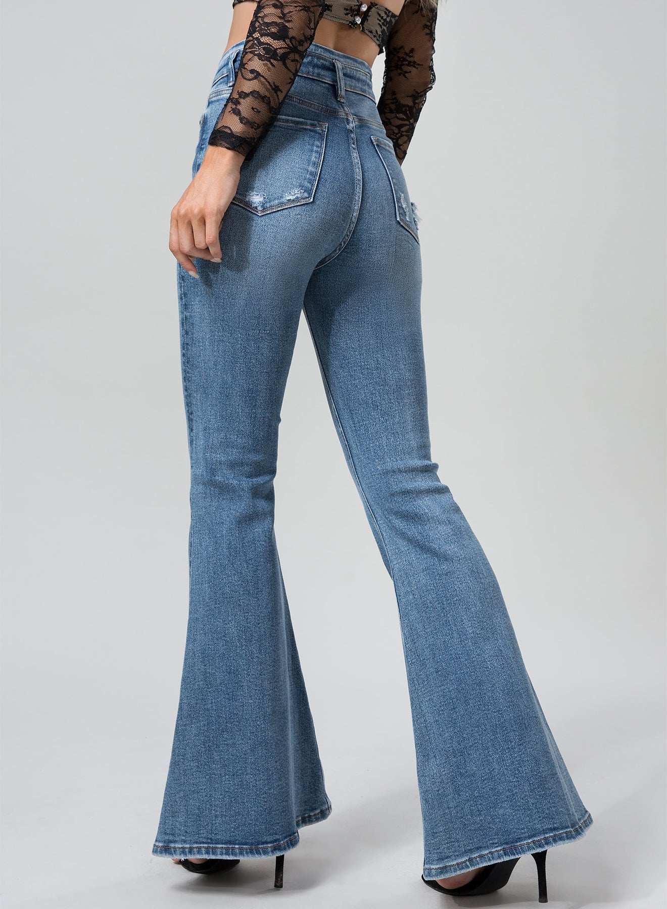 ONESO High Waist Flared Medium Blue Jeans Casual Comfort Pants Womens wear Sexy Bottom