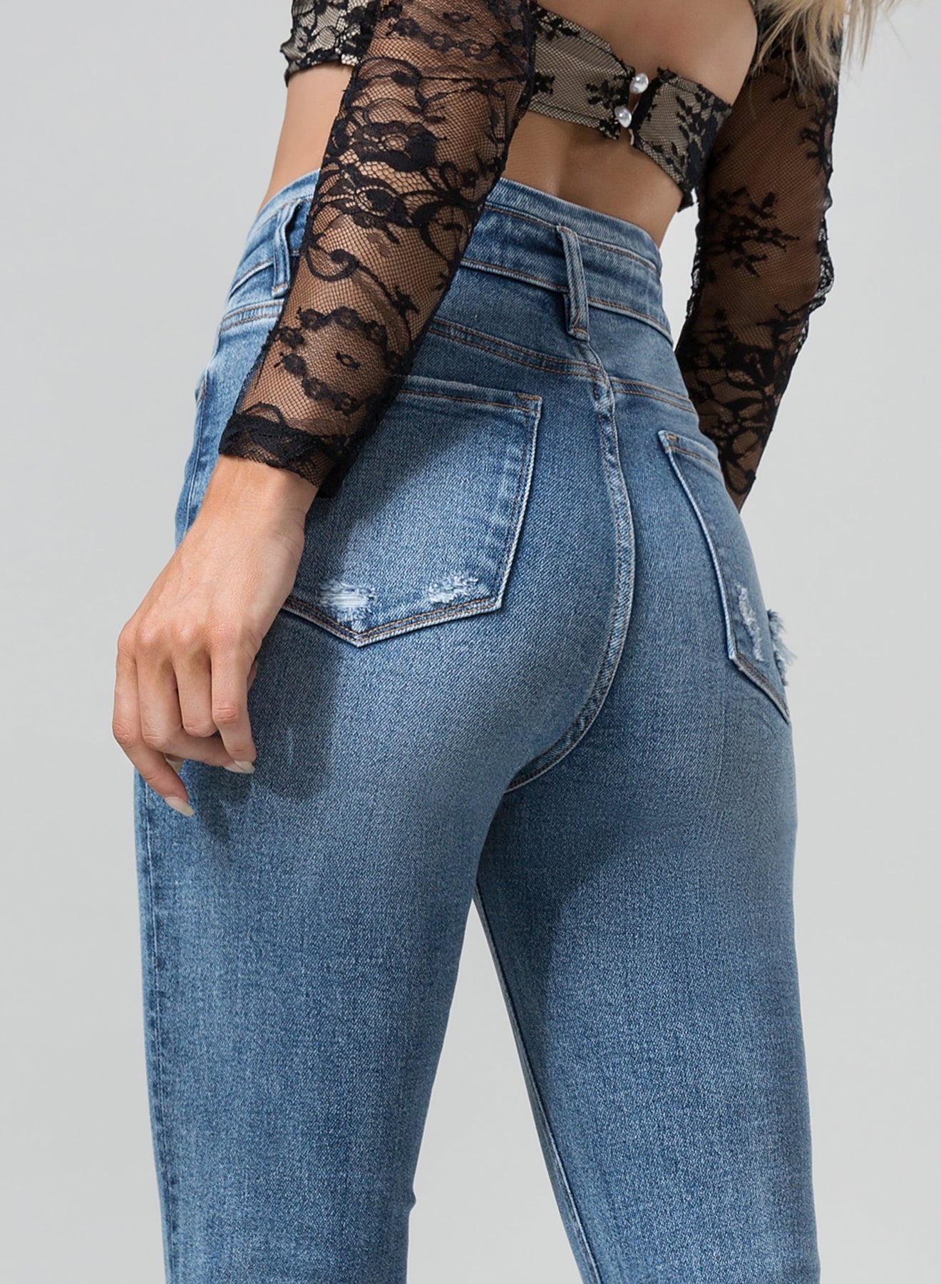 ONESO High Waist Flared Medium Blue Jeans Casual Comfort Pants Womens wear Sexy Bottom