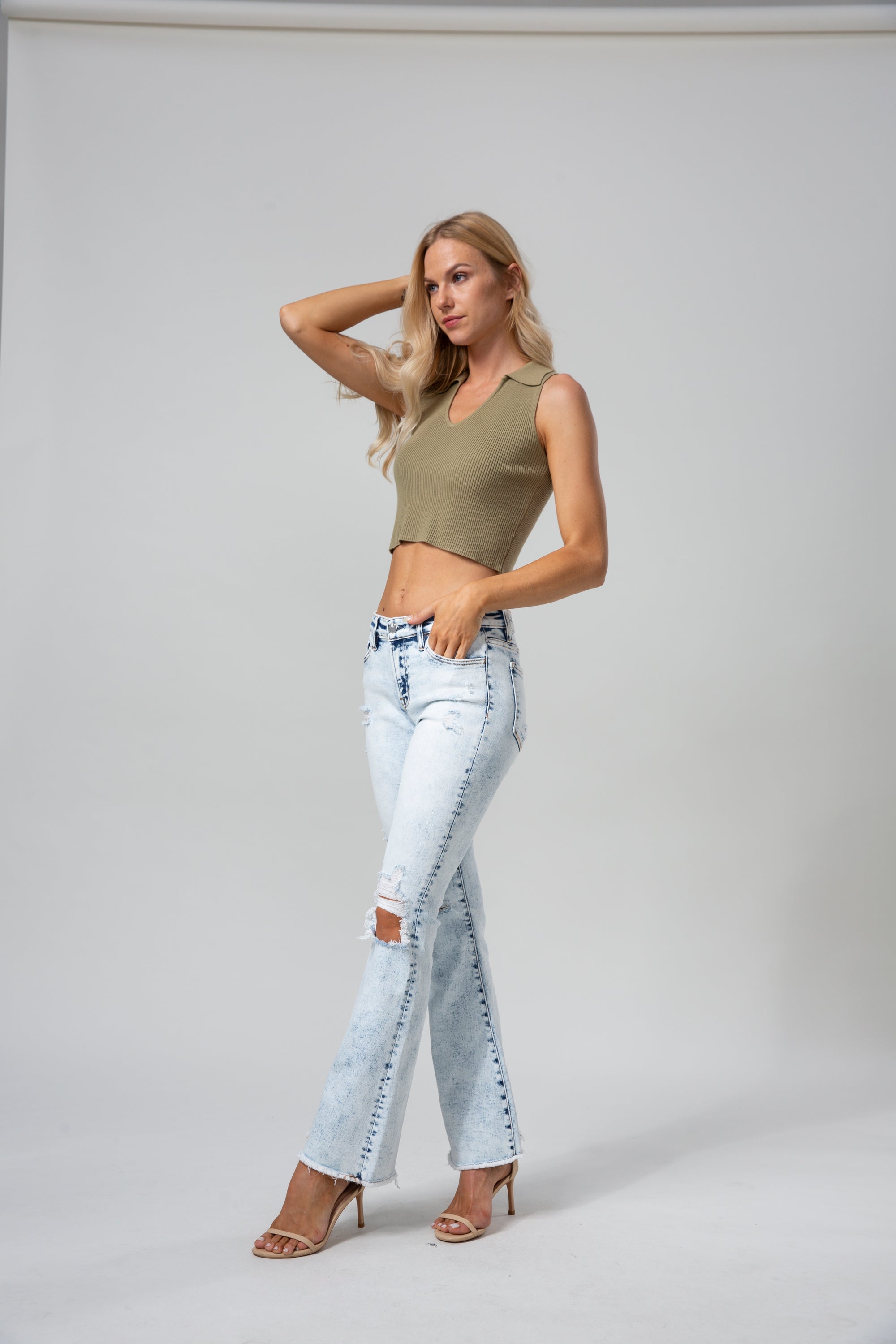 ONESO Women Flare Jeans High Waist Bell Bottom Jeans Stretchy Denim Distressed Raw Hem Wide Leg Pants