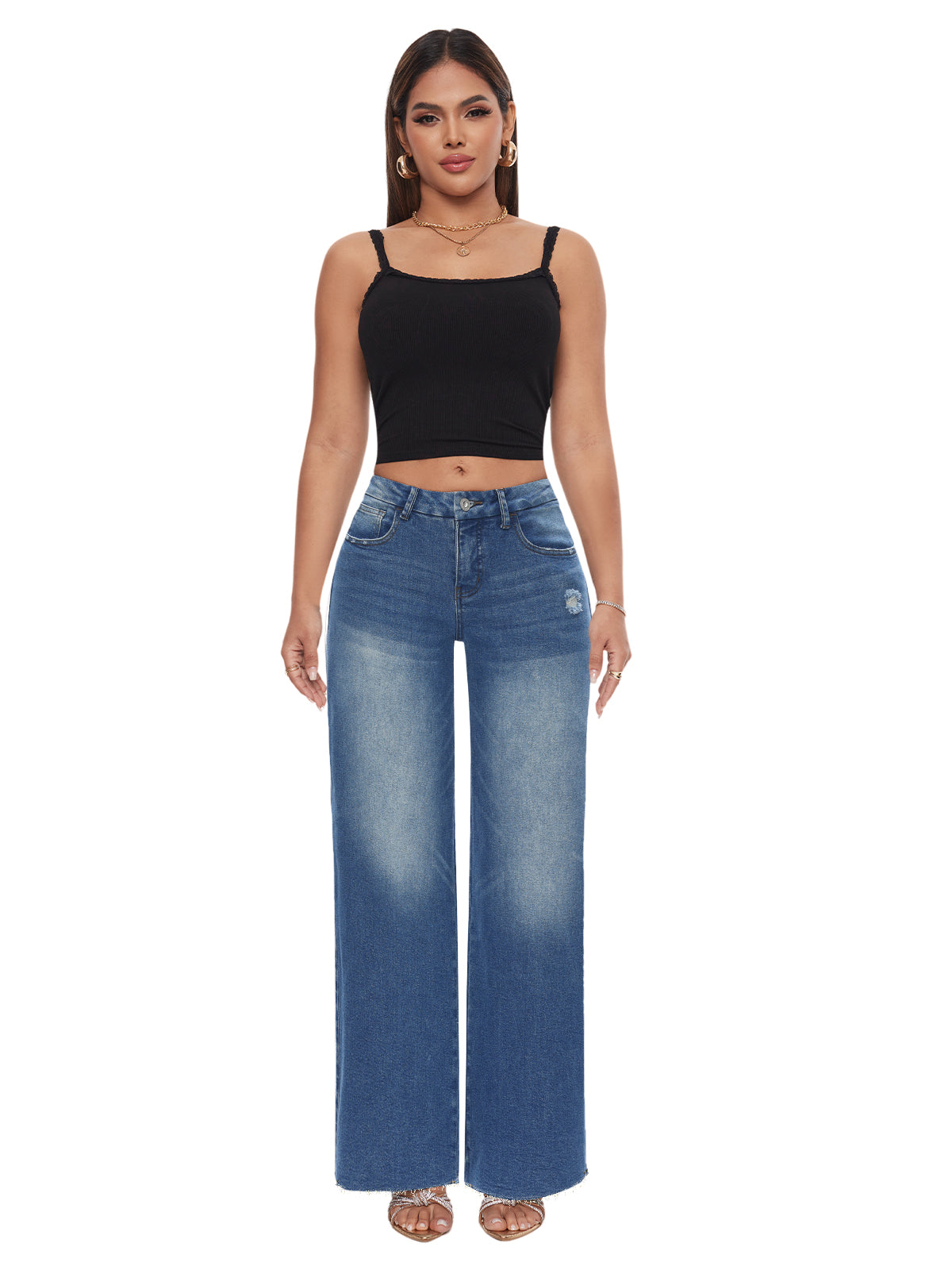 ONESO Mid-Low Rise Baggy Jeans Wide Leg for Women Distressed Pants Stretchy Bottom Lady Basic Comfortable