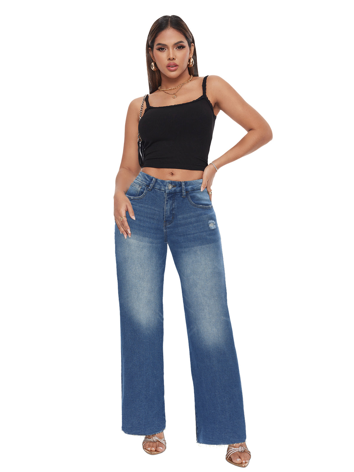 ONESO Mid-Low Rise Baggy Jeans Wide Leg for Women Distressed Pants Stretchy Bottom Lady Basic Comfortable