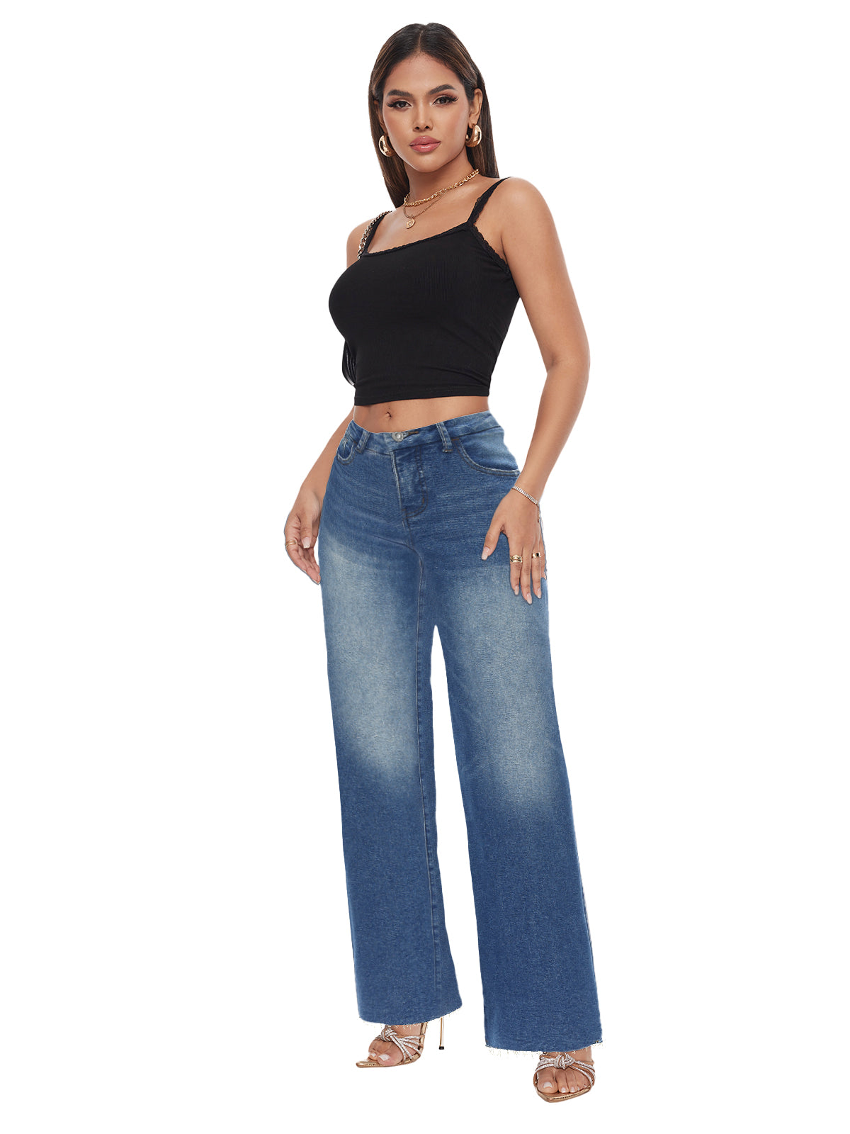 ONESO Mid-Low Rise Baggy Jeans Wide Leg for Women Distressed Pants Stretchy Bottom Lady Basic Comfortable