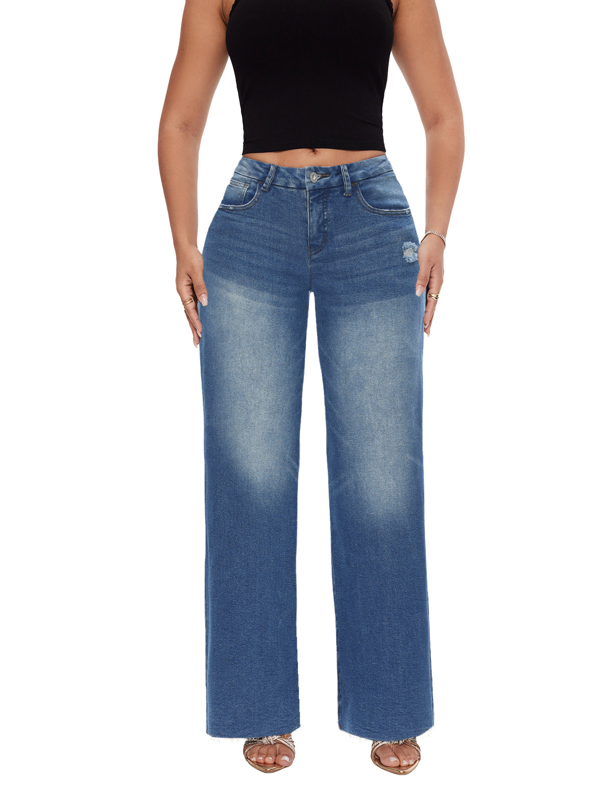 ONESO Mid-Low Rise Baggy Jeans Wide Leg for Women Distressed Pants Stretchy Bottom Lady Basic Comfortable