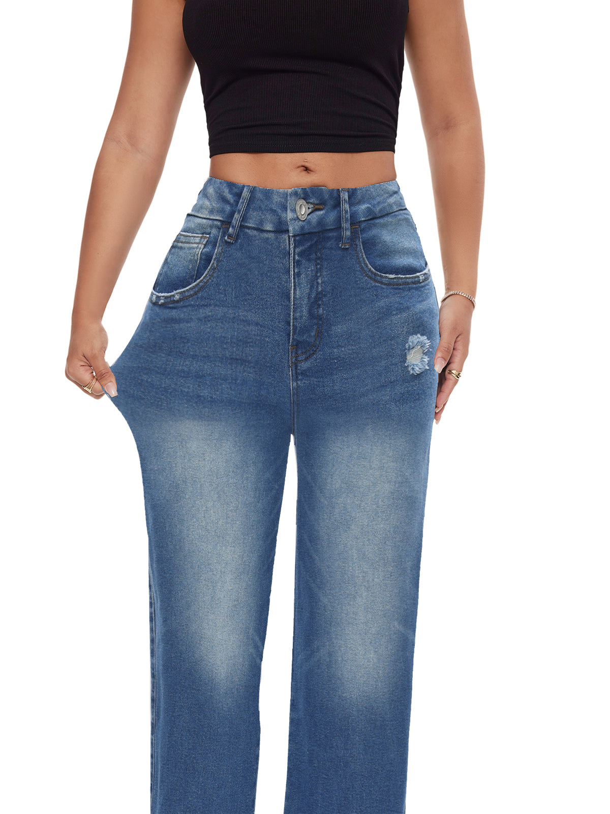 ONESO Mid-Low Rise Baggy Jeans Wide Leg for Women Distressed Pants Stretchy Bottom Lady Basic Comfortable