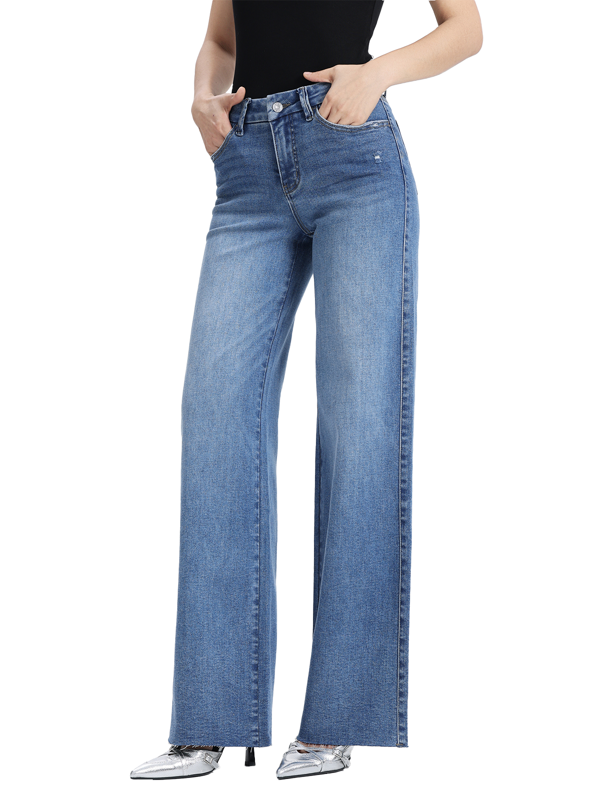 ONESO Stretchy Wide Leg BBL Baggy Jeans Mid-Low Waist Distressed Raw Hem Denim Pants