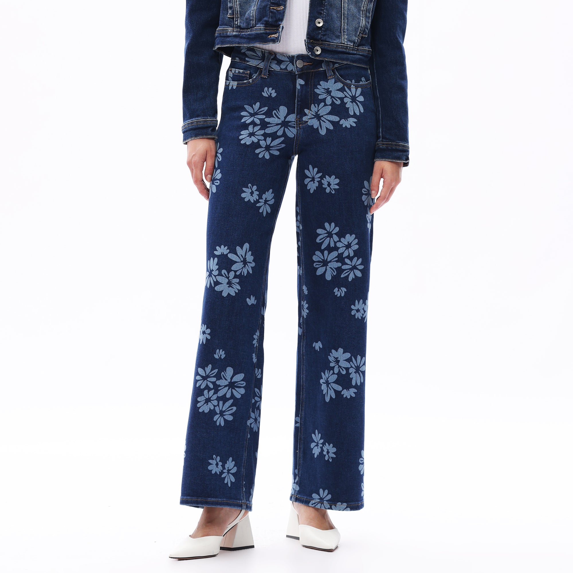 ONESO Women BBL Jeans Mid-Low Rise Wide Leg Stretch Baggy Printing Denim with Tummy Control Minimalist Basic Trouser