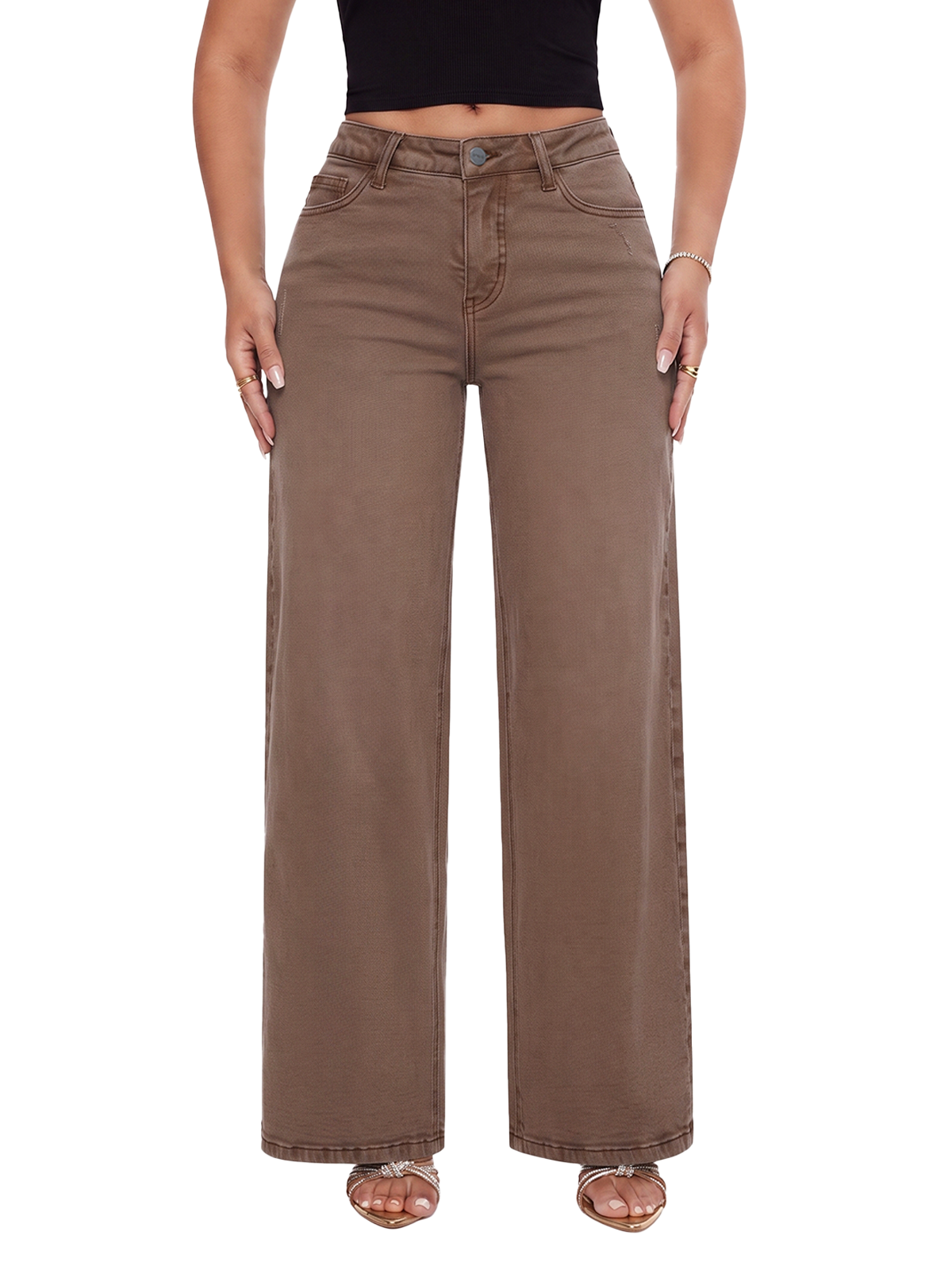 ONESO Mid Rise Brown Wide Leg Jeans