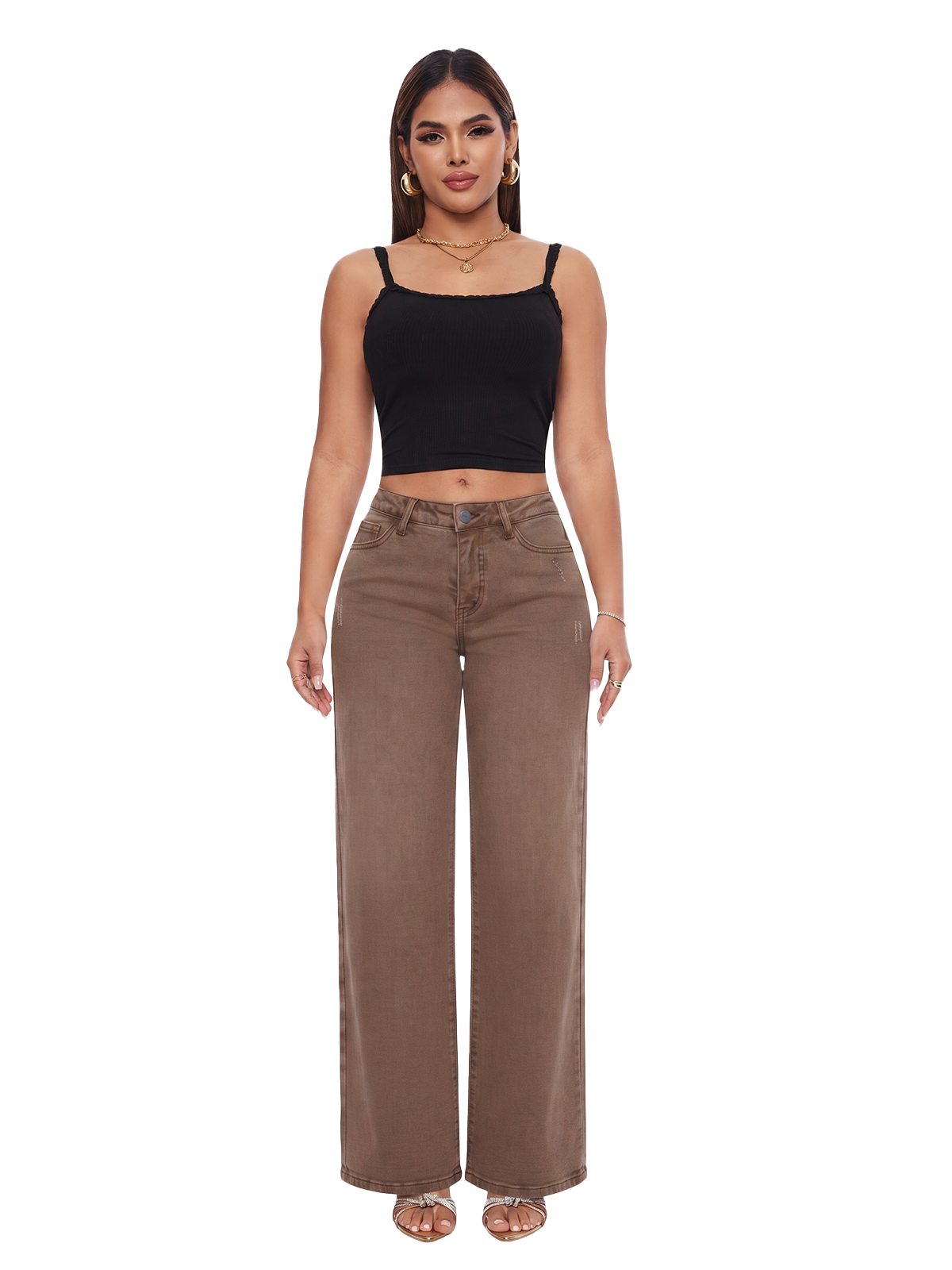 ONESO Mid Rise Brown Wide Leg Jeans