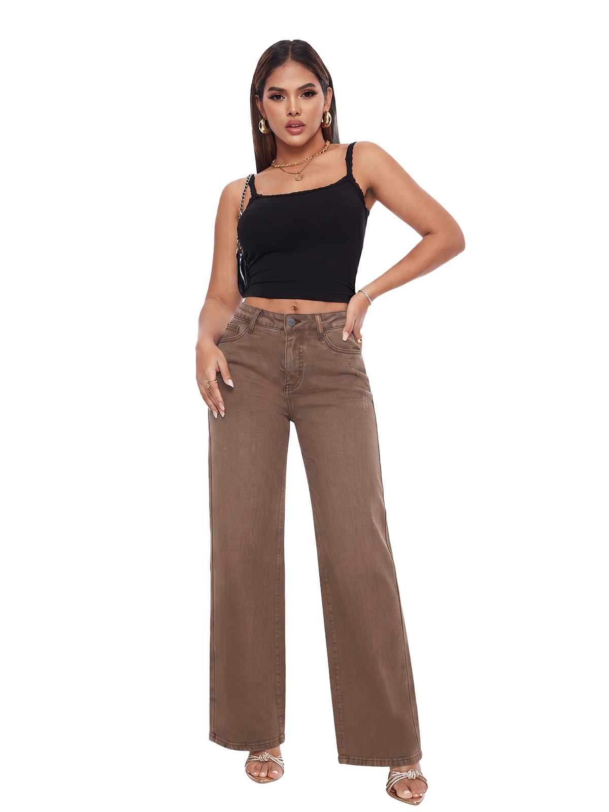 ONESO Mid Rise Brown Wide Leg Jeans