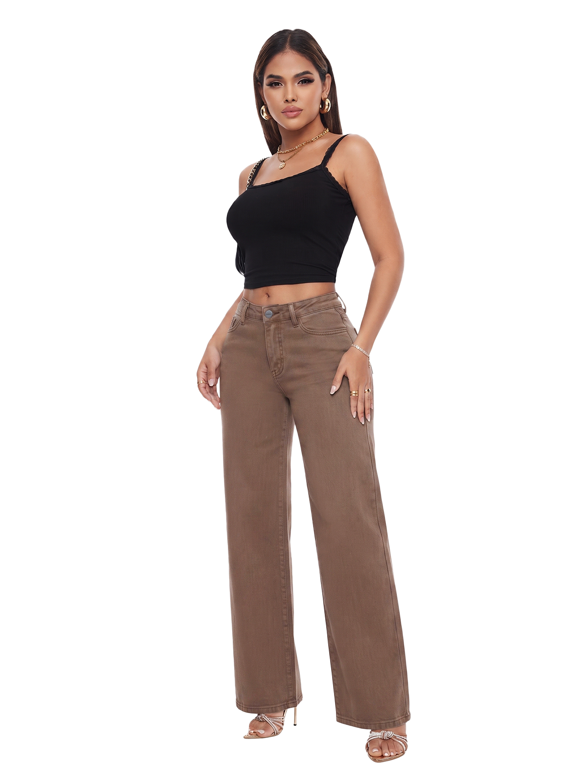 ONESO Mid Rise Brown Wide Leg Jeans
