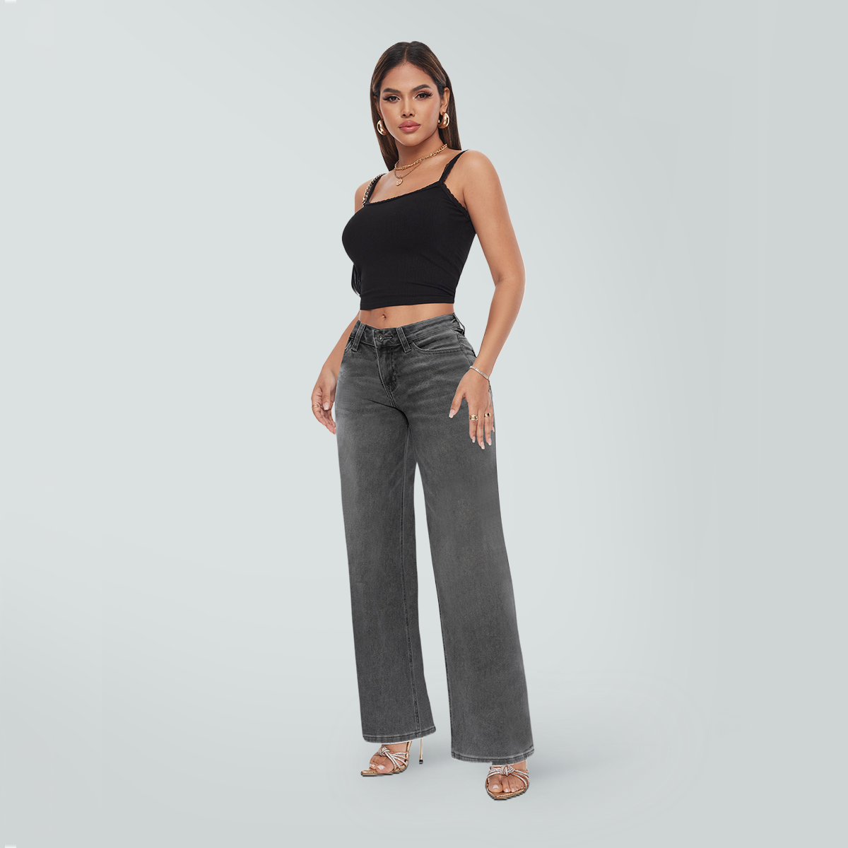 ONESO  Wide Leg BBL Jeans for Women Stretchy Mid Low Rise Butts Lifting Baggy Jeans Trendy Loose Fit Cute Mom Jeans