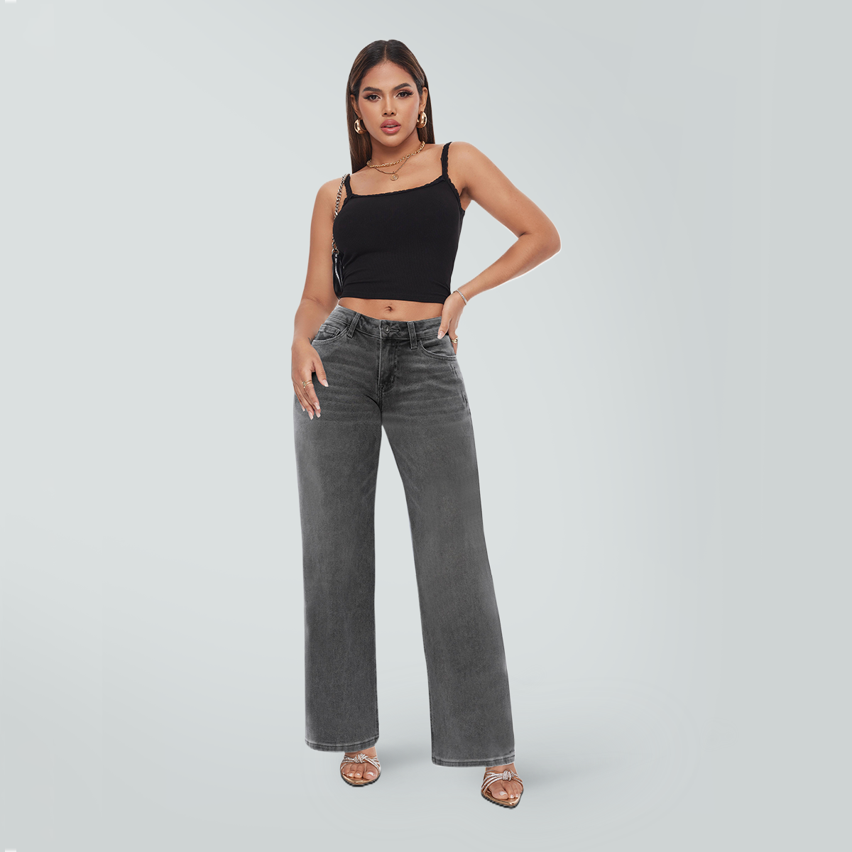 ONESO  Wide Leg BBL Jeans for Women Stretchy Mid Low Rise Butts Lifting Baggy Jeans Trendy Loose Fit Cute Mom Jeans