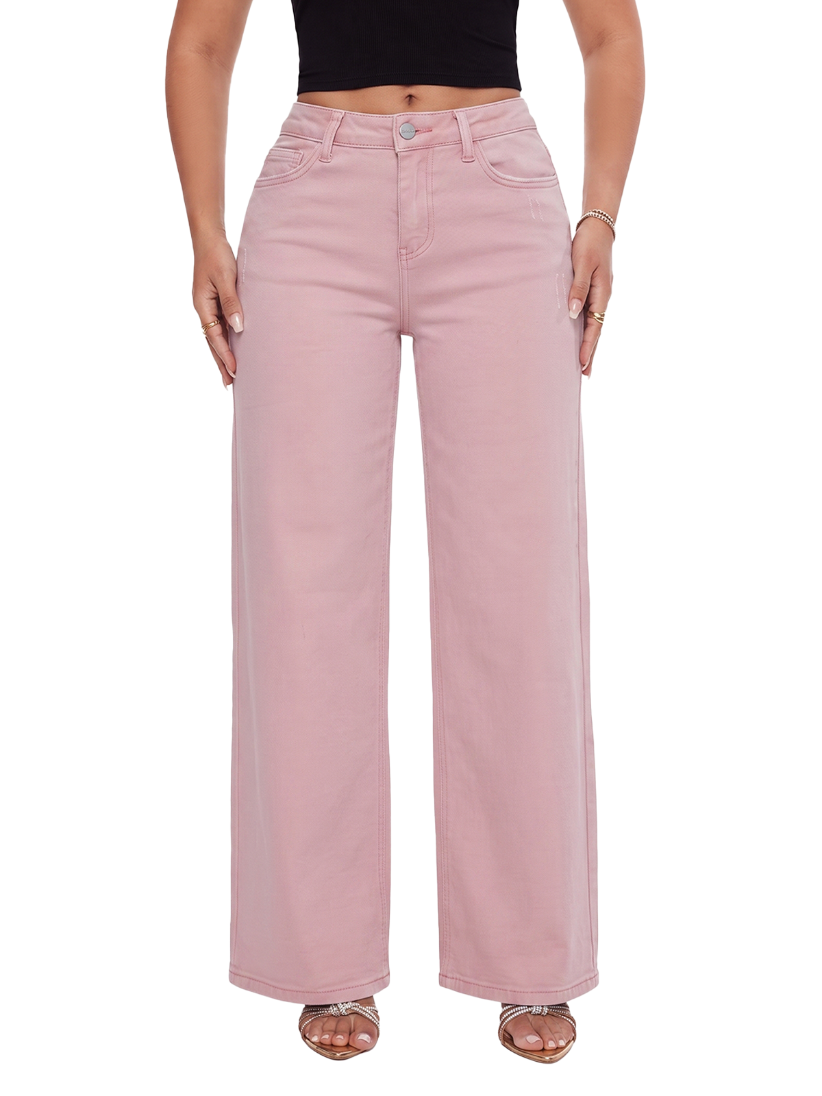 ONESO Pink Mid Rise Wide Leg Jeans