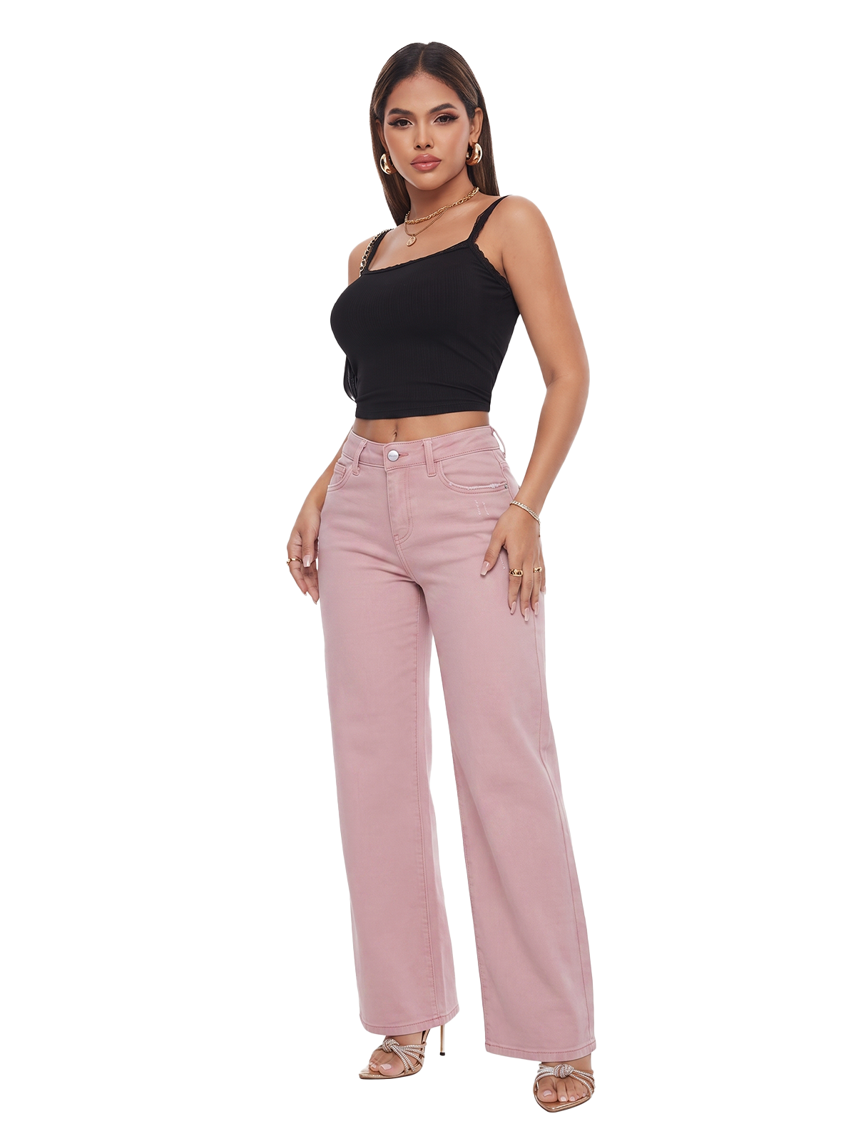 ONESO Pink Mid Rise Wide Leg Jeans