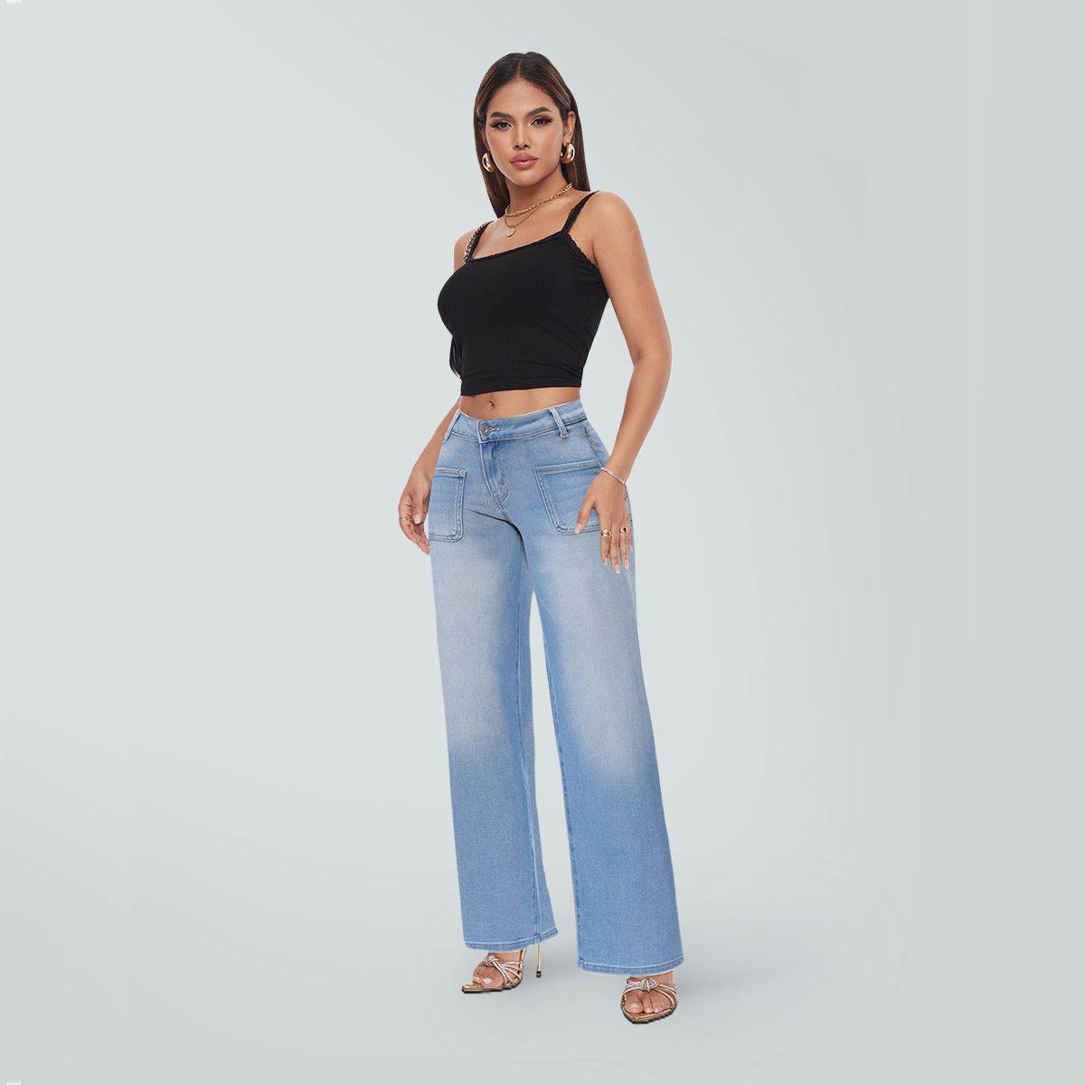 ONESO  Wide Leg BBL Jeans for Women Trendy Loose Stretchy Mid Low Rise Butts Lifting Baggy Jeans