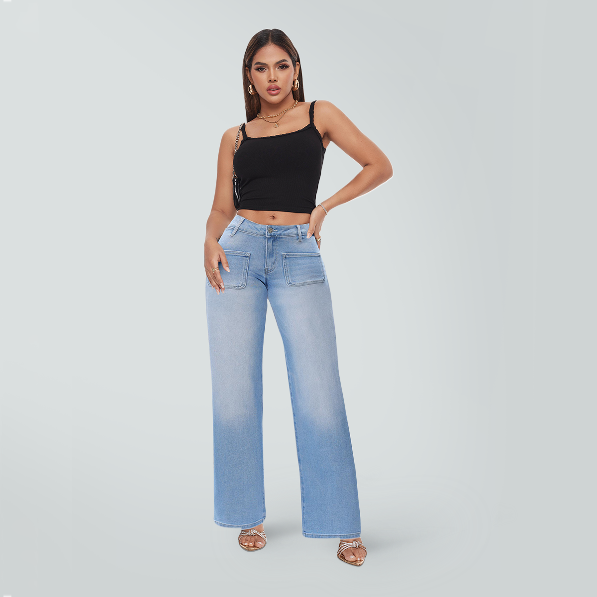 ONESO  Wide Leg BBL Jeans for Women Trendy Loose Stretchy Mid Low Rise Butts Lifting Baggy Jeans