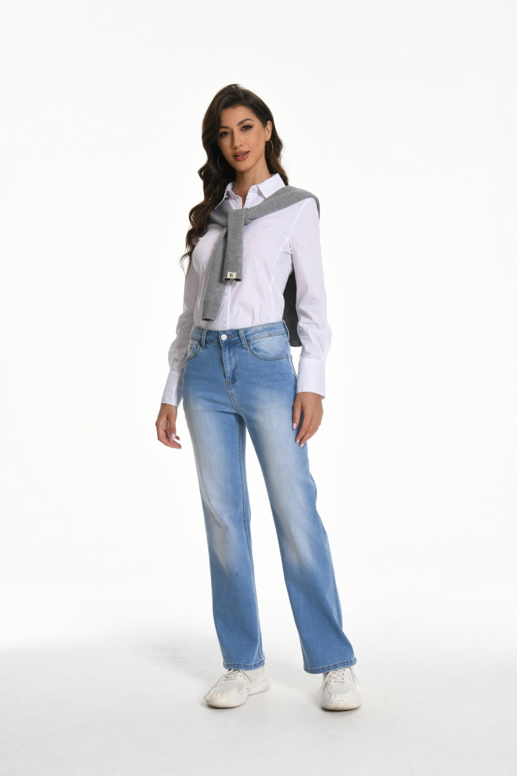 Women's Straight Leg Jeans Mid Waist Loose Stretchy