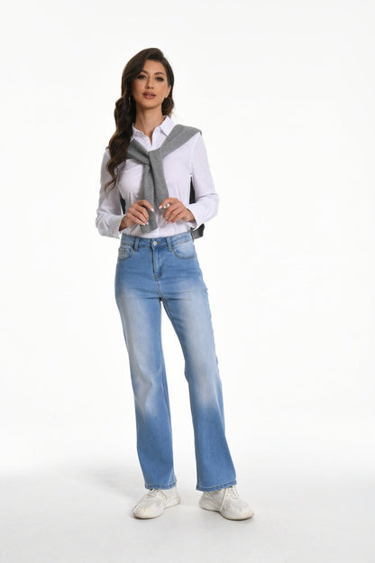 Women's Straight Leg Jeans Mid Waist Loose Stretchy