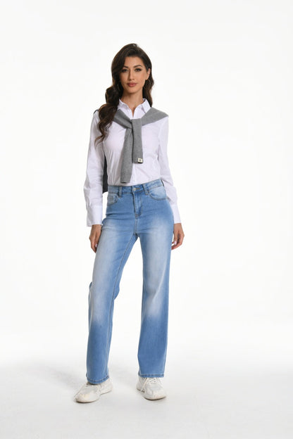 Women's Straight Leg Jeans Mid Waist Loose Stretchy