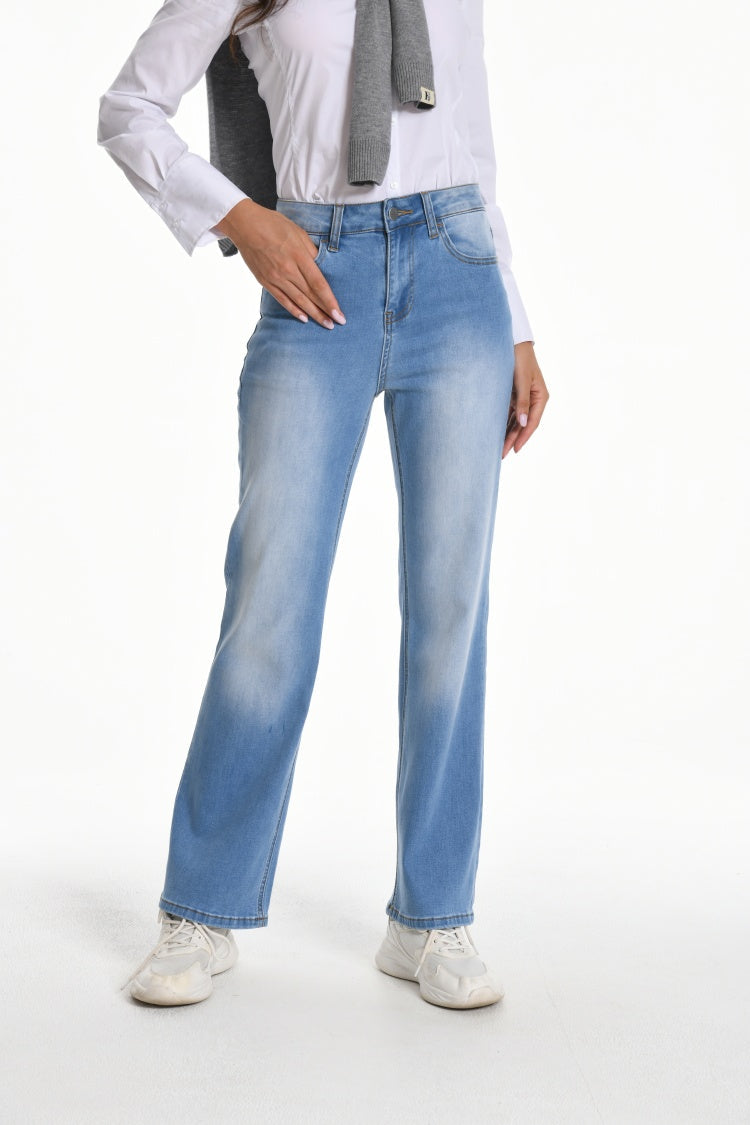 Women's Straight Leg Jeans Mid Waist Loose Stretchy