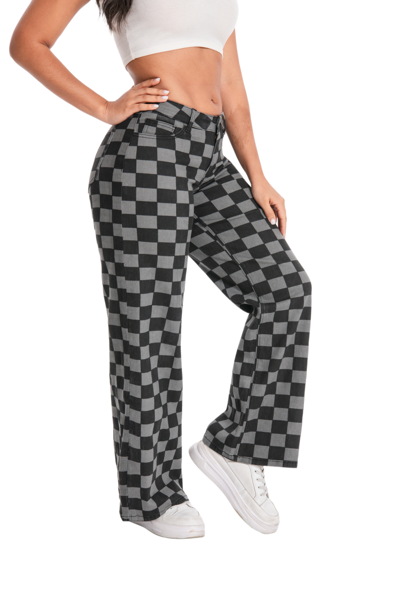 ONESO Women's BBL Jeans Checkered Print Mid Rise Straight Leg High Stretch Denim Pants