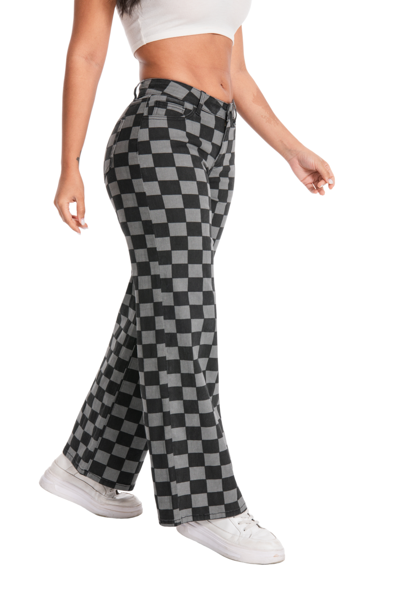 ONESO Women's BBL Jeans Checkered Print Mid Rise Straight Leg High Stretch Denim Pants