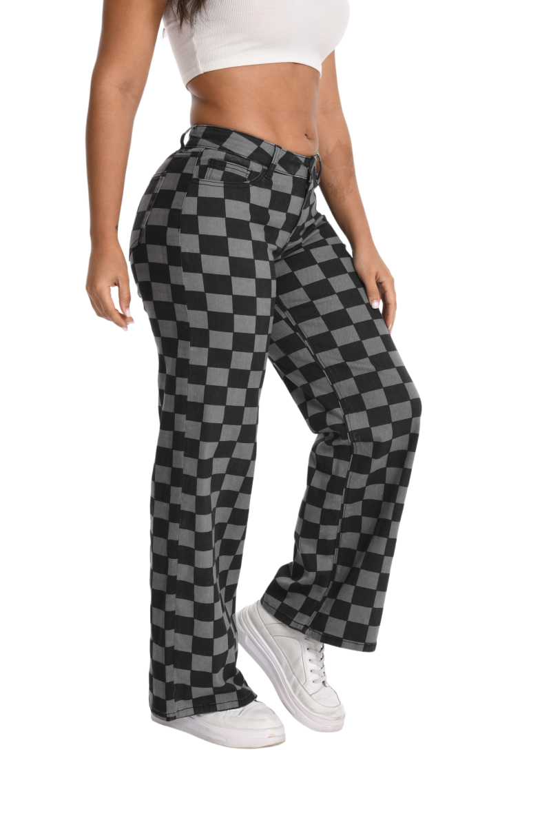 ONESO Women's BBL Jeans Checkered Print Mid Rise Straight Leg High Stretch Denim Pants