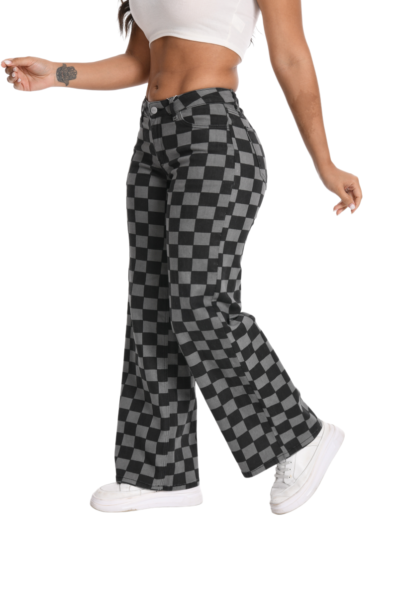 ONESO Women's BBL Jeans Checkered Print Mid Rise Straight Leg High Stretch Denim Pants