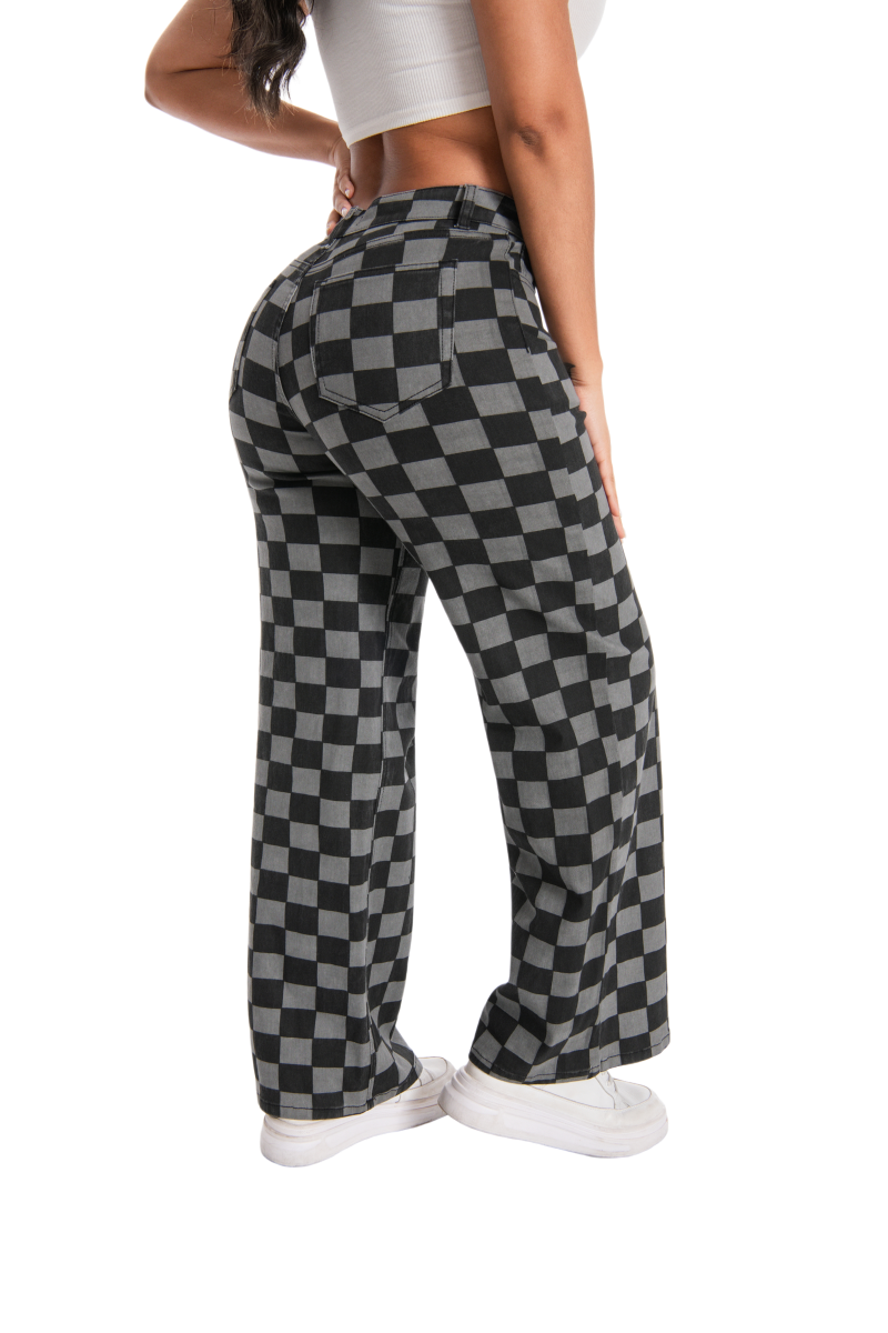 ONESO Women's BBL Jeans Checkered Print Mid Rise Straight Leg High Stretch Denim Pants