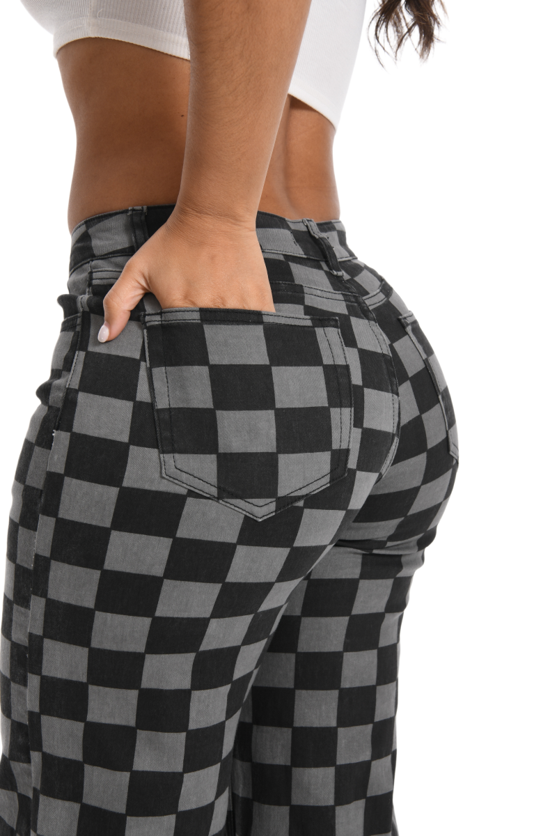 ONESO Women's BBL Jeans Checkered Print Mid Rise Straight Leg High Stretch Denim Pants