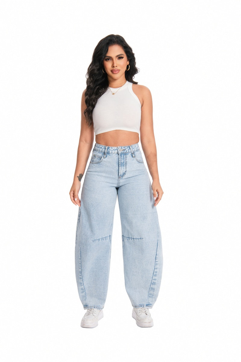 ONESO Women's High Waist Baggy Barrel Leg Jeans Relaxed Streetwear Pocket Basic Fitted Denim Jeans