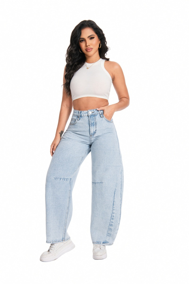ONESO Women's High Waist Baggy Barrel Leg Jeans Relaxed Streetwear Pocket Basic Fitted Denim Jeans