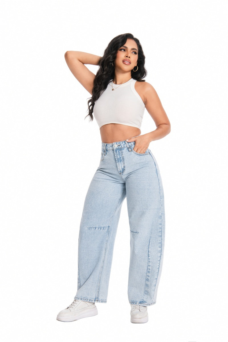 ONESO Women's High Waist Baggy Barrel Leg Jeans Relaxed Streetwear Pocket Basic Fitted Denim Jeans