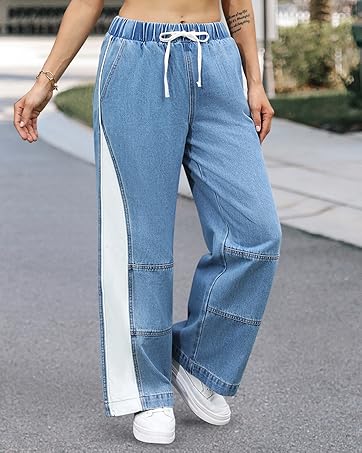 ONESO Womens Wide Leg Jeans Mid Rise Baggy Patchwork Straight Leg Jeans