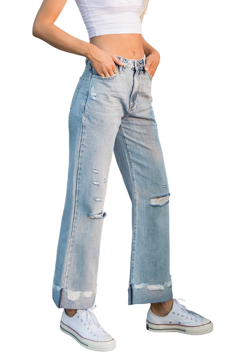 ONESO Women&#39;s Straight Leg Jeans Mid Waist Washed Distressed Jeans