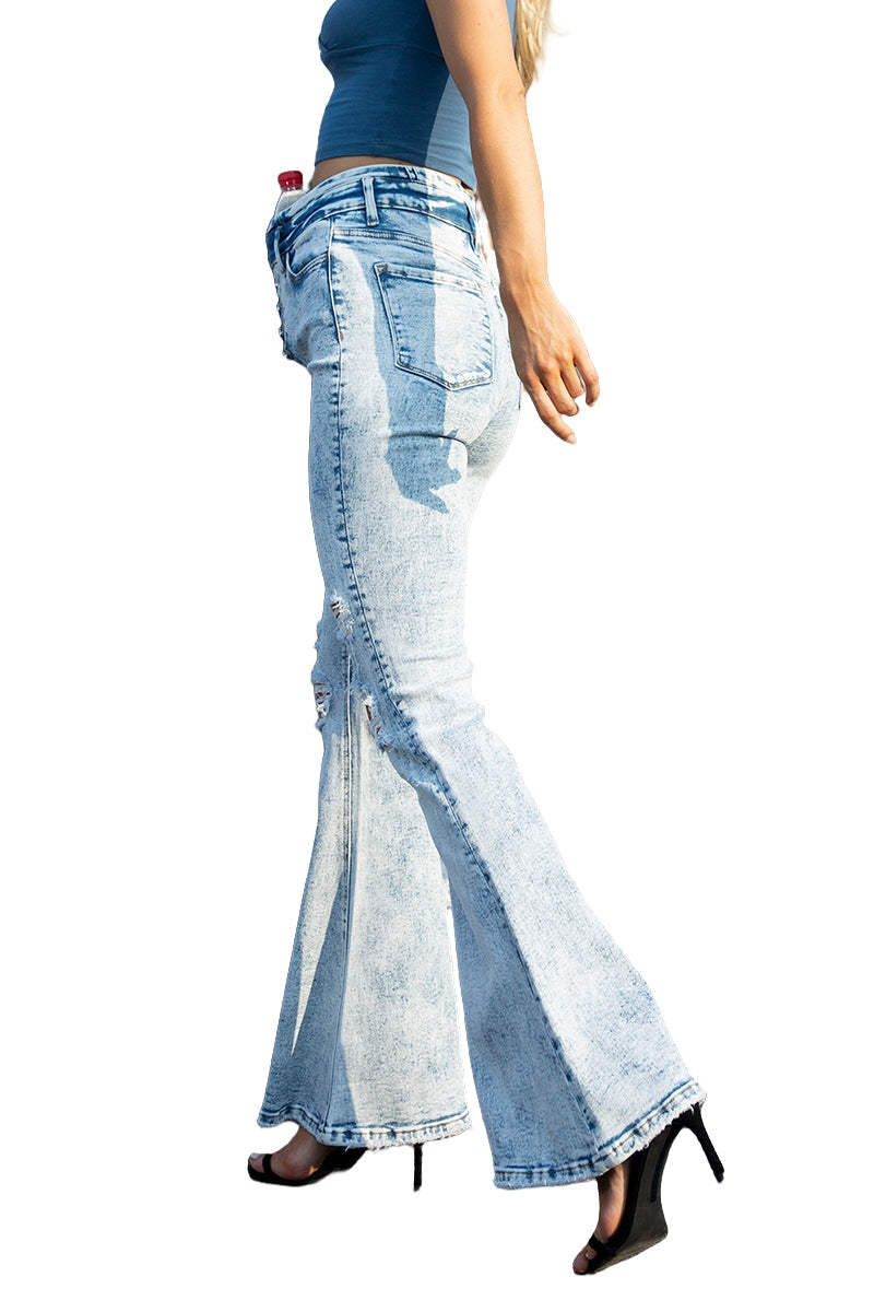 ONESO High Waisted Ripped Flare Jeans for Women Button Fly Distressed Bell Bottom Jeans Wide Leg Pants