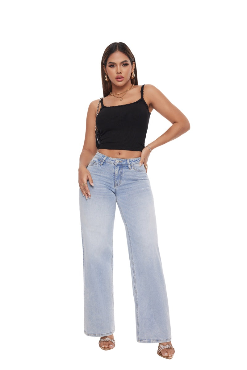 ONESO Mid-Low Rise Baggy BBL Jeans Wide Leg for Women Distressed Pants Stretchy Bottom Lady Basic Comfortable Denim