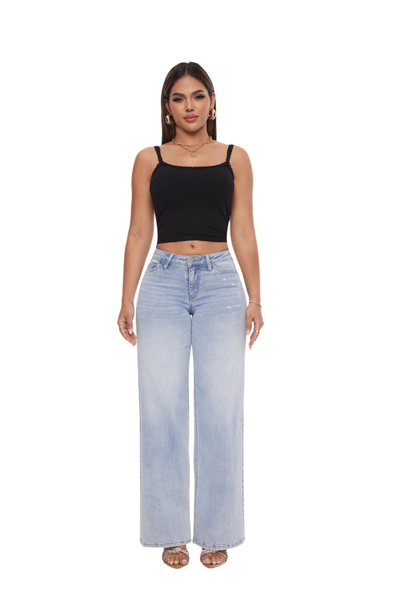 ONESO Mid-Low Rise Baggy BBL Jeans Wide Leg for Women Distressed Pants Stretchy Bottom Lady Basic Comfortable Denim