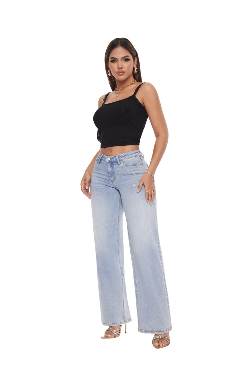ONESO Mid-Low Rise Baggy BBL Jeans Wide Leg for Women Distressed Pants Stretchy Bottom Lady Basic Comfortable Denim
